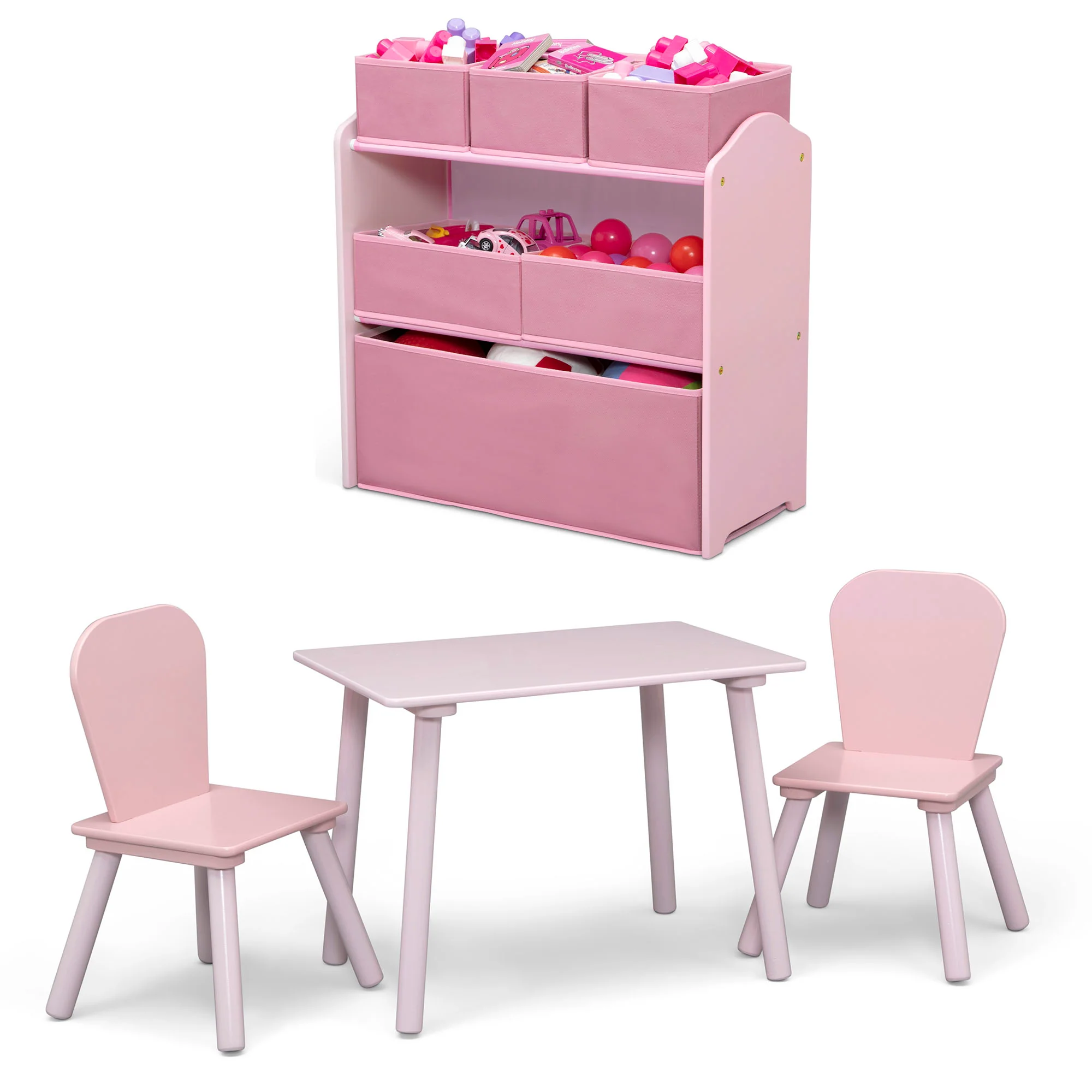 4-Piece Toddler Playroom Set – Includes Play Table with Dry Erase Tabletop and 6 Bin Toy Organizer with Reusable Vinyl Cling Stickers - Image 2