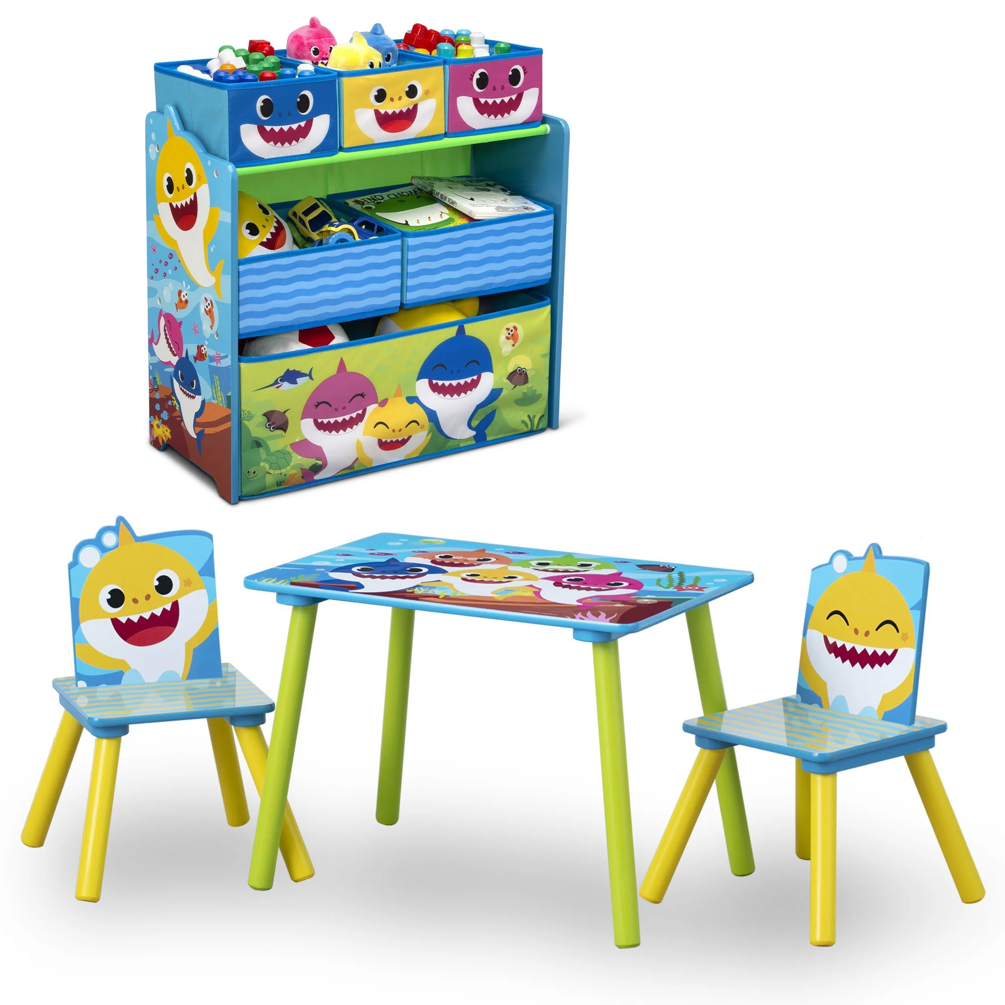 Baby Shark 4-Piece Playroom Solution  – Set Includes Table and 2 Chairs and 6-Bin Toy Organizer - Image 3