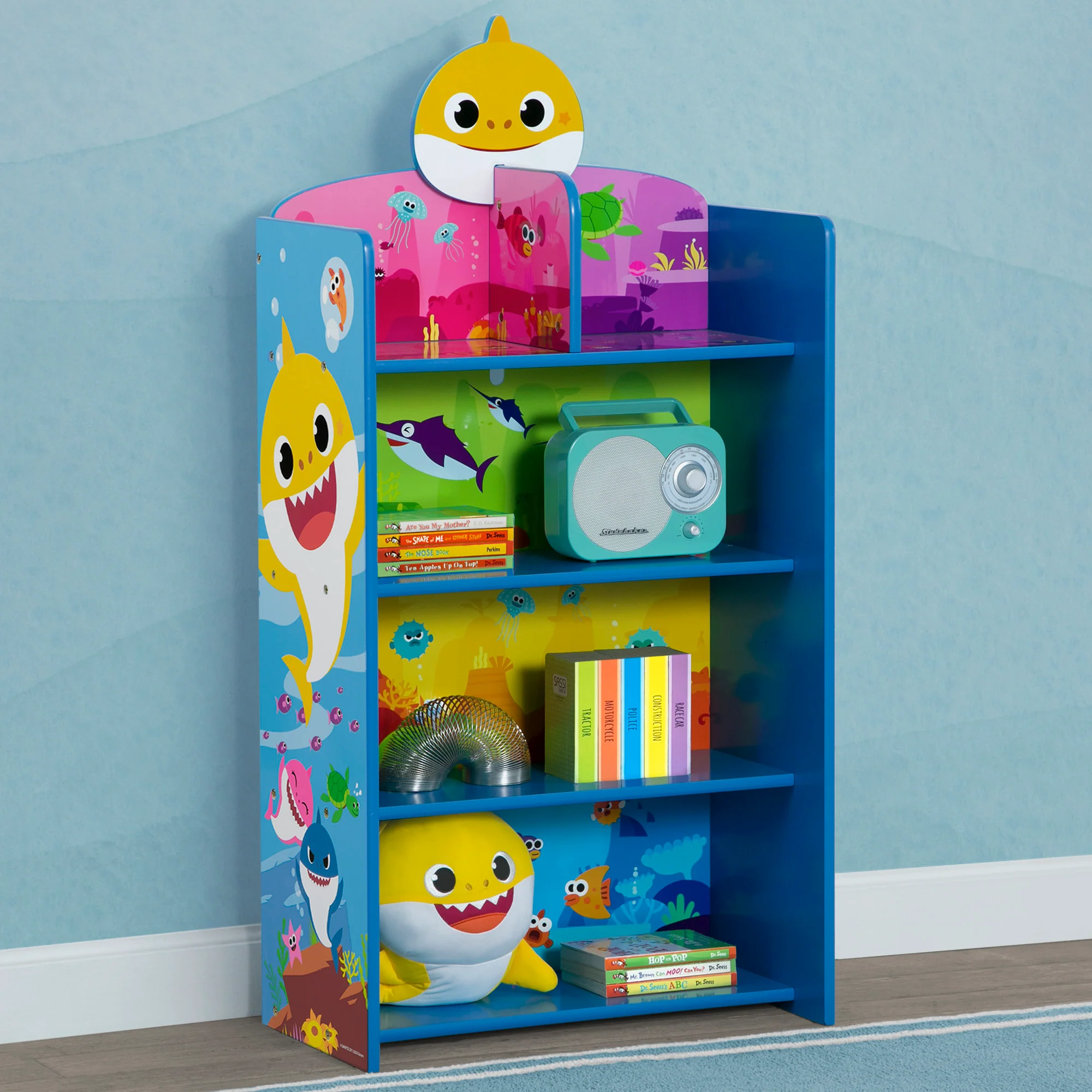 Baby Shark Wooden Playhouse 4-Shelf Bookcase for Kids - Image 5