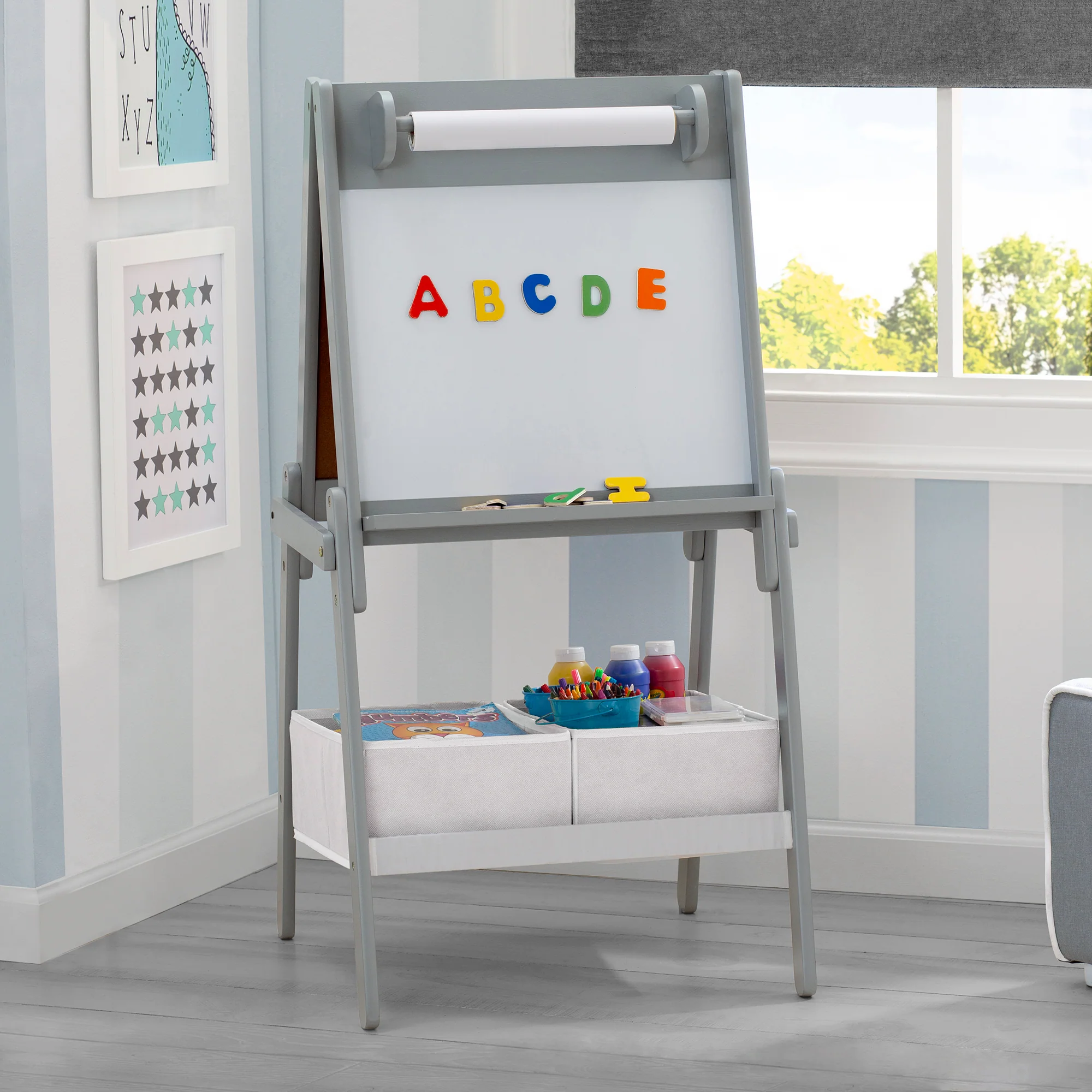 Chelsea Double-Sided Storage Easel with Paper Roll and Magnets | Dry Erase Surface & Chalkboard Surface - Image 9