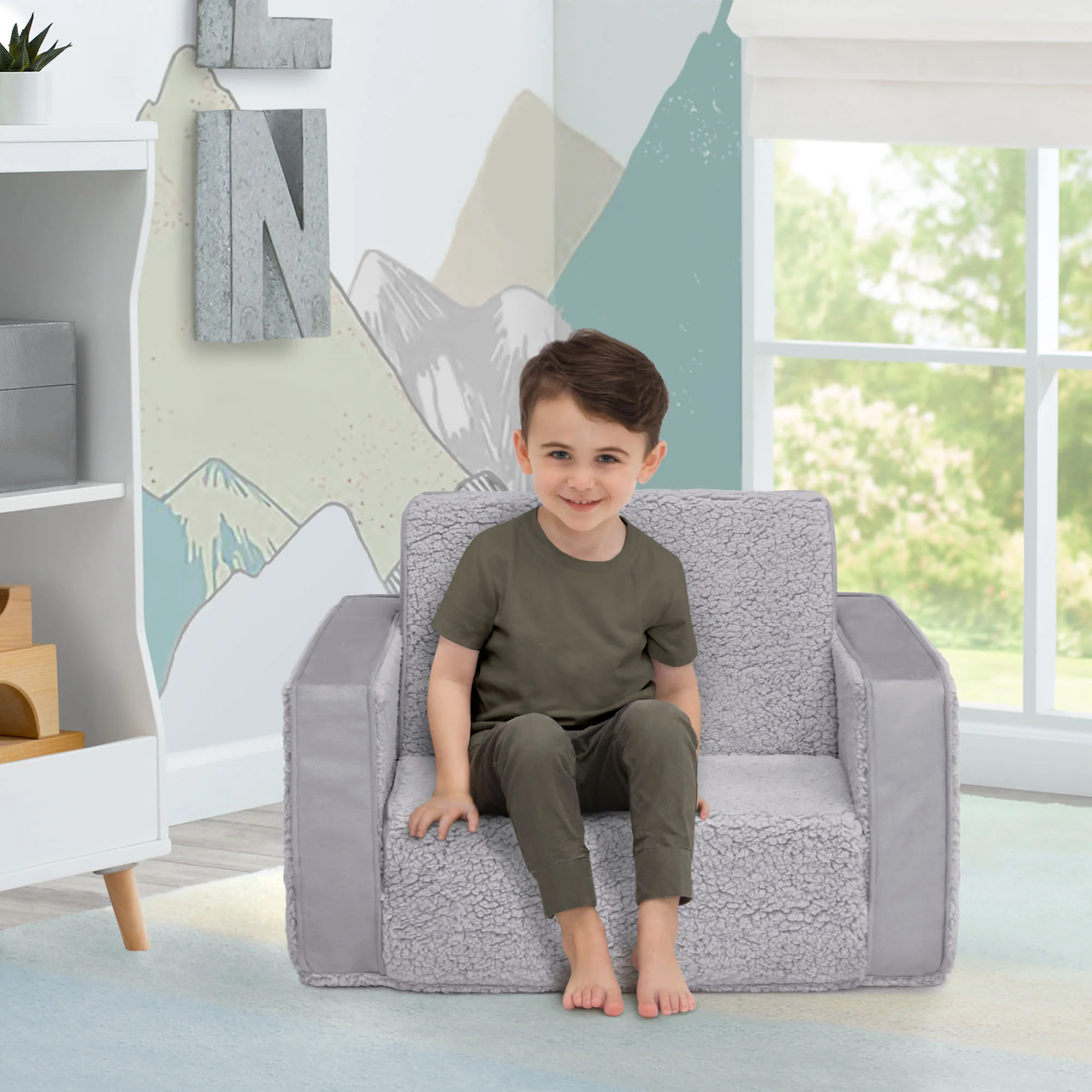 Cozee Flip-Out Sherpa and Suede 2-in-1 Convertible Chair to Lounger for Kids - Image 5