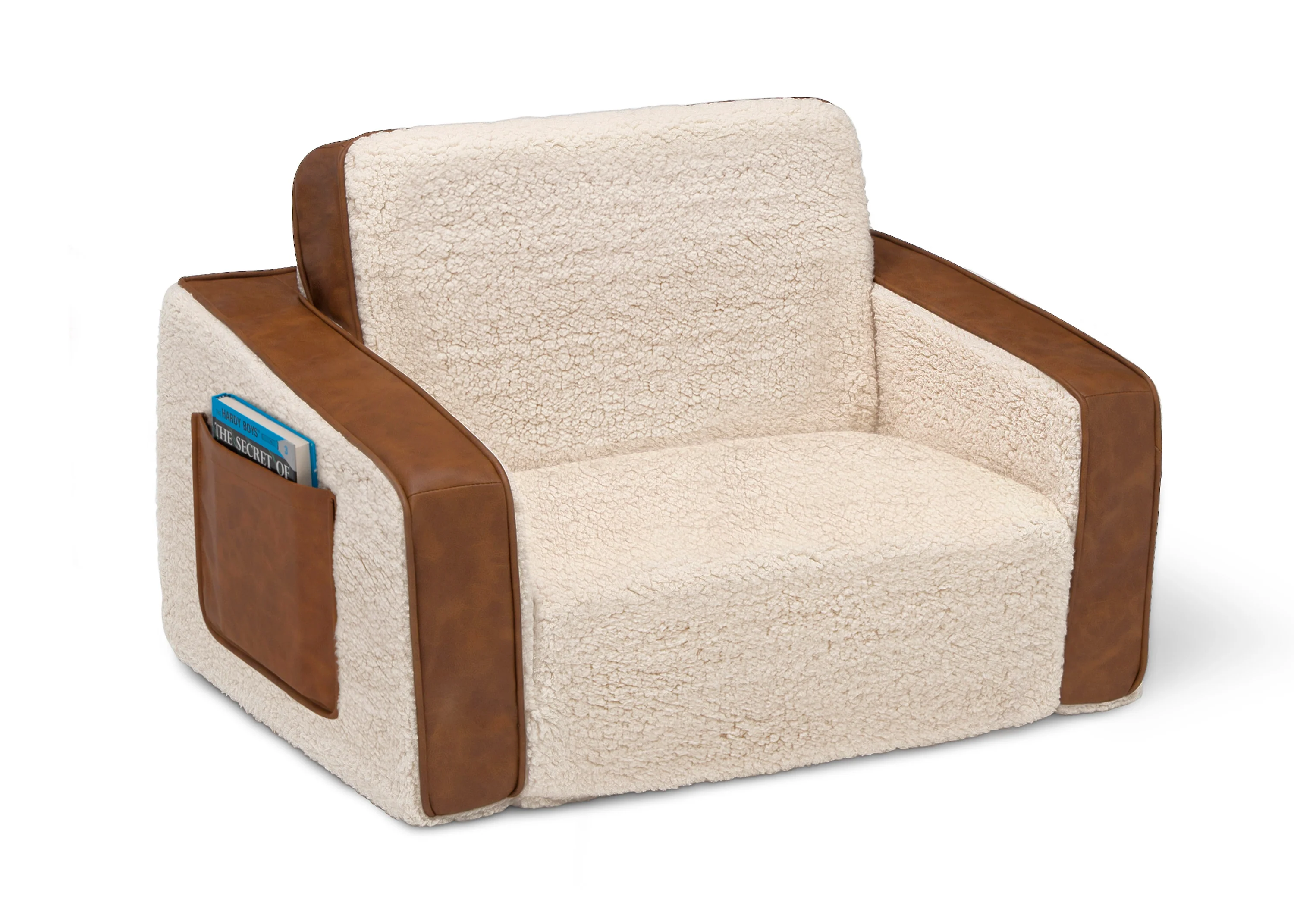 Cozee Flip-Out Sherpa and Leather 2-in-1 Convertible Chair to Lounger for Kids - Image 3