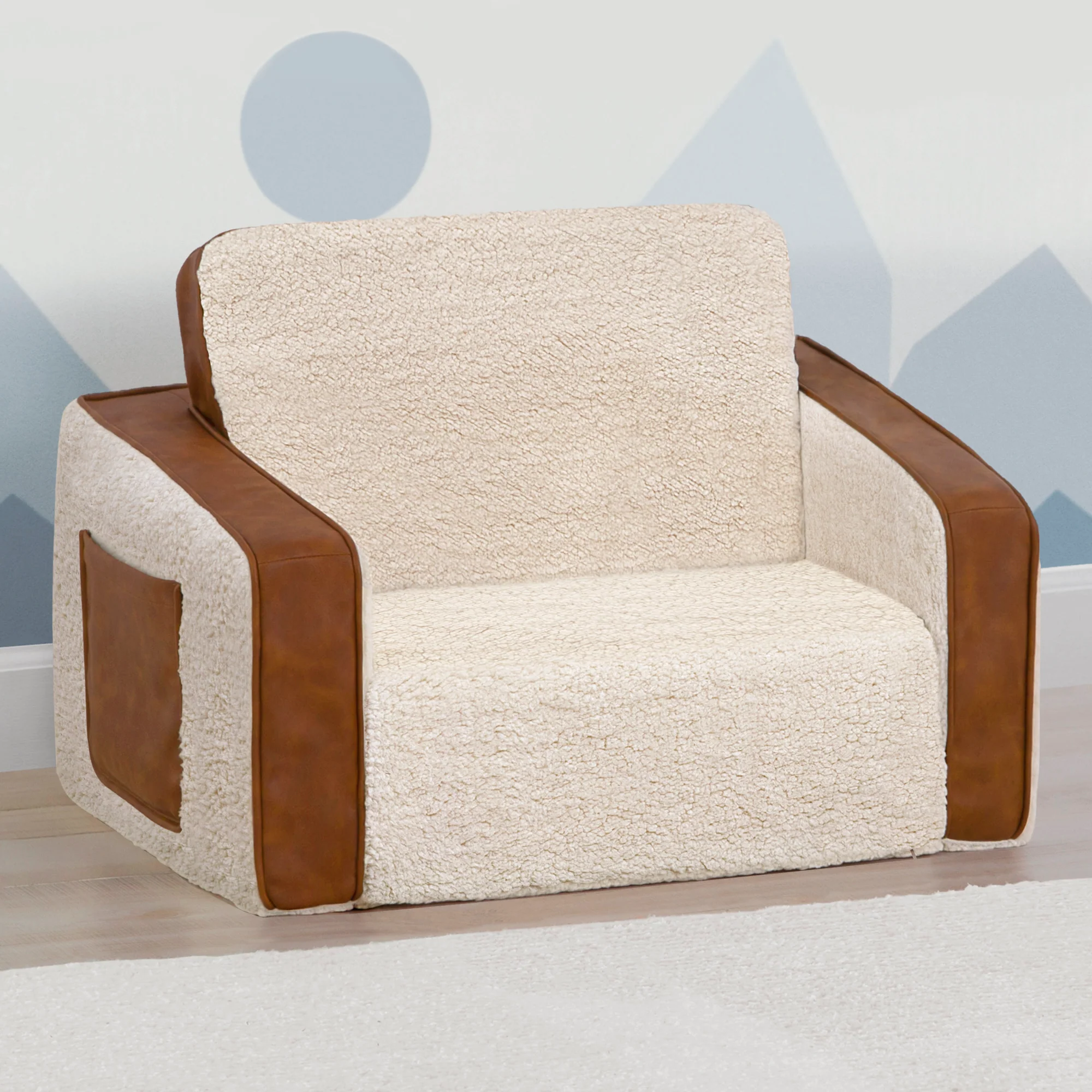 Cozee Flip-Out Sherpa and Leather 2-in-1 Convertible Chair to Lounger for Kids - Image 6