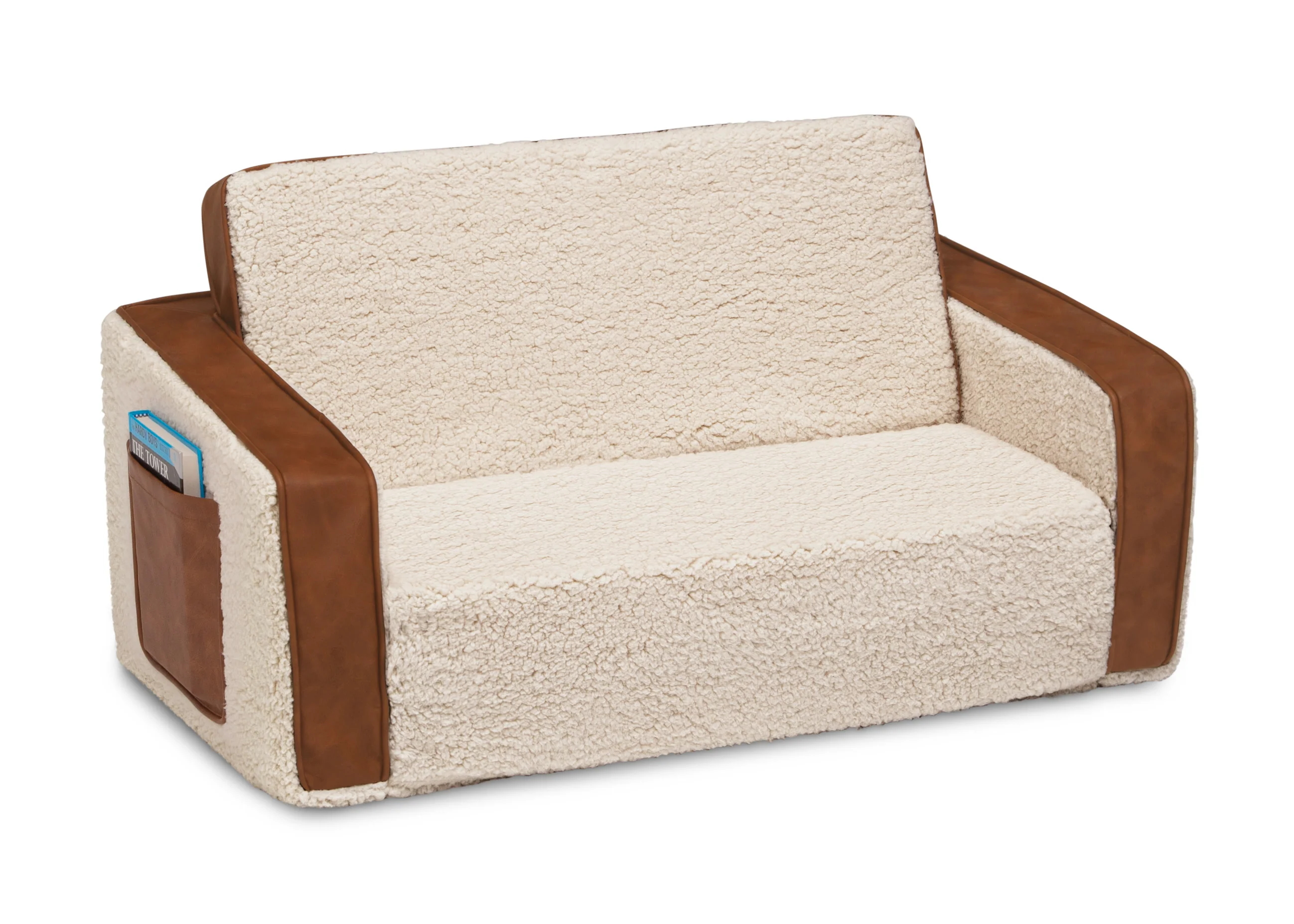 Cozee Flip-Out Sherpa and Leather 2-in-1 Convertible Sofa to Lounger for Kids - Image 3