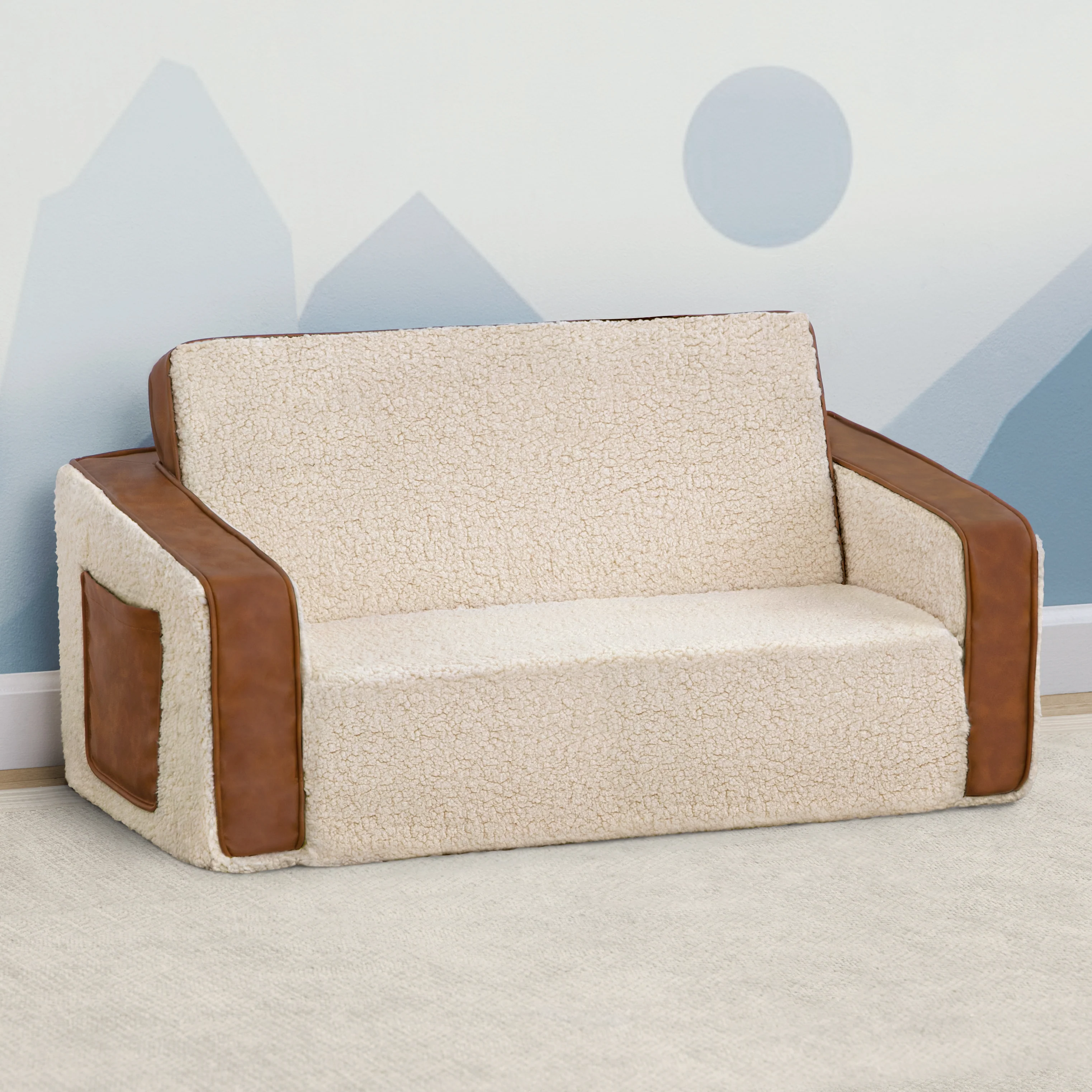 Cozee Flip-Out Sherpa and Leather 2-in-1 Convertible Sofa to Lounger for Kids - Image 6