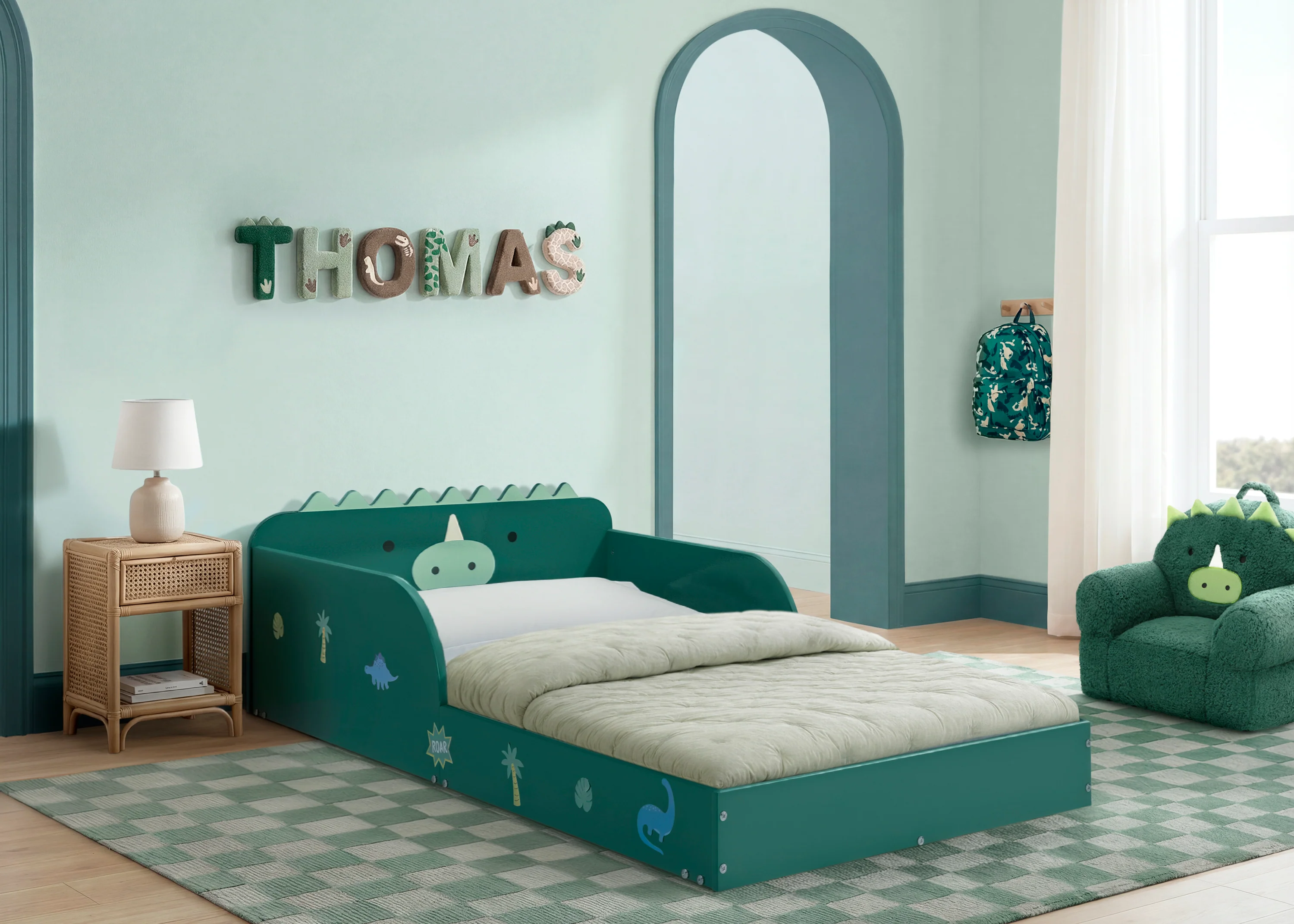 Dino Wood Floor Toddler Bed with Reusable Stickers