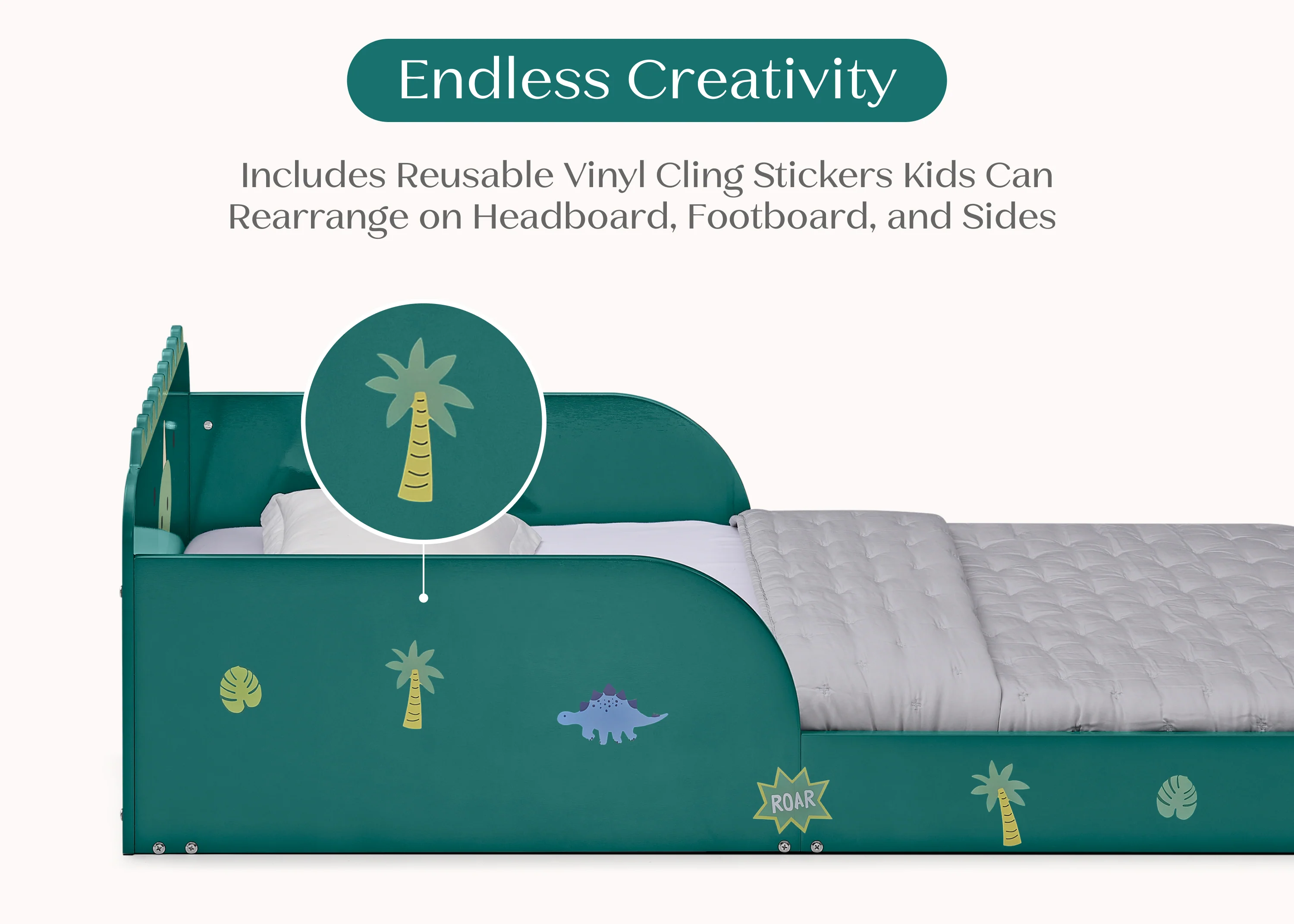Dino Wood Floor Toddler Bed with Reusable Stickers - Image 2