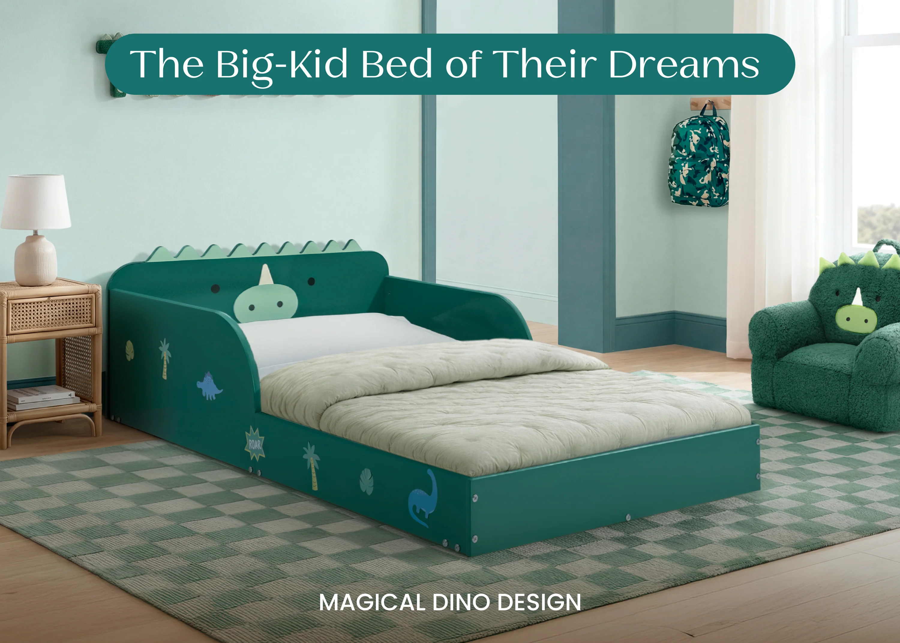 Dino Wood Floor Toddler Bed with Reusable Stickers - Image 5