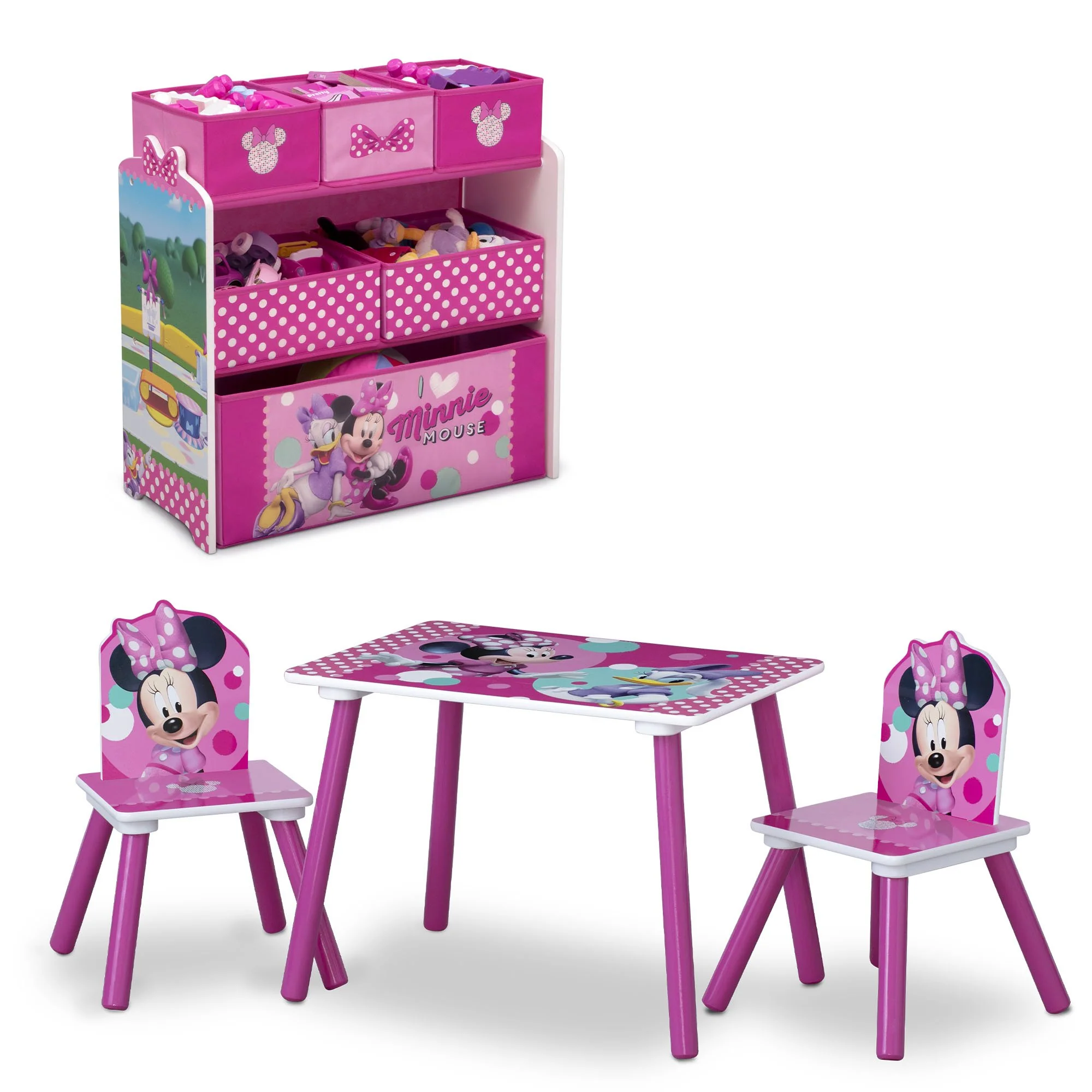 Minnie Mouse 4-Piece Playroom Solution – Set Includes Table and 2 Chairs and 6-Bin Toy Organizer - Image 2