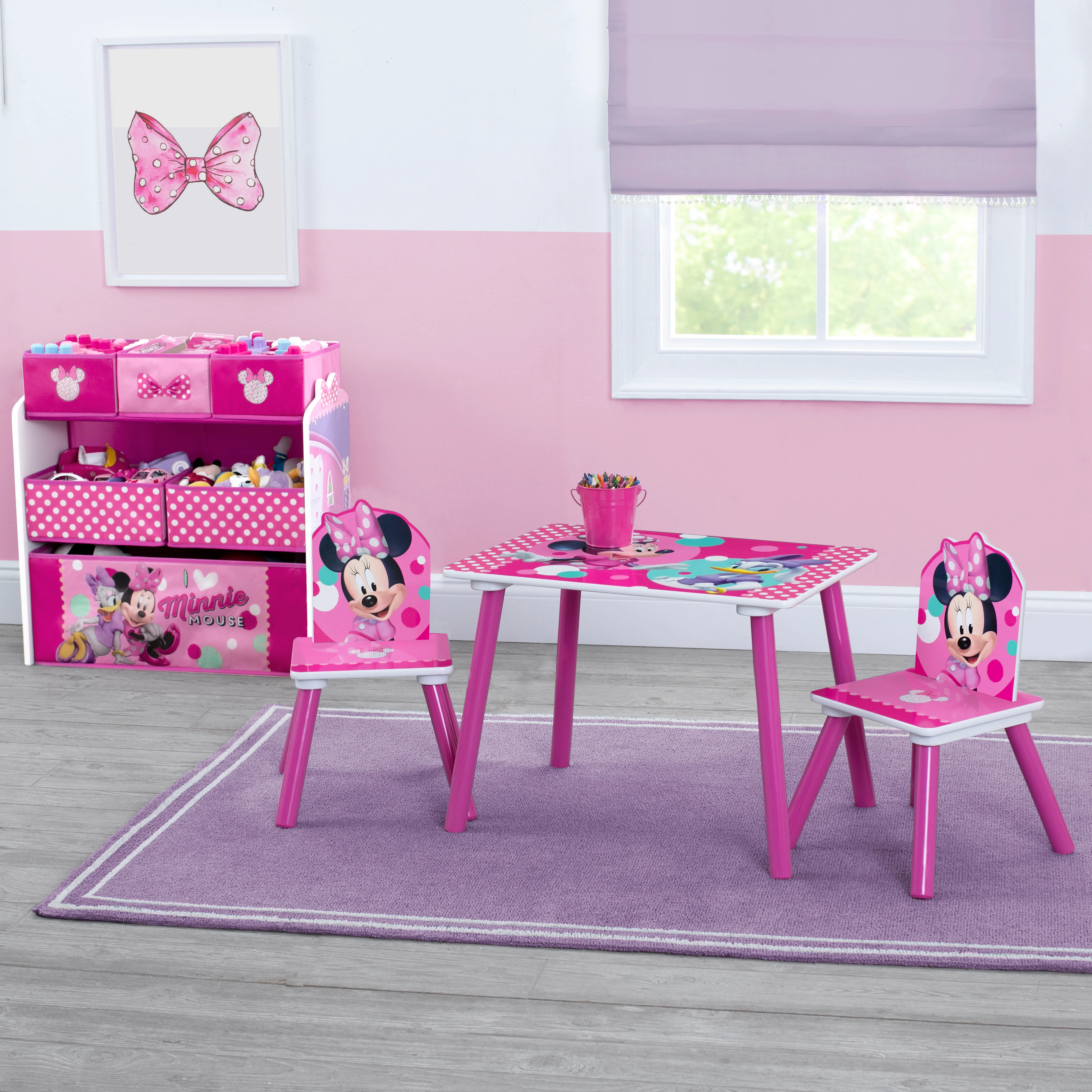 Minnie Mouse 4-Piece Playroom Solution – Set Includes Table and 2 Chairs and 6-Bin Toy Organizer - Image 4