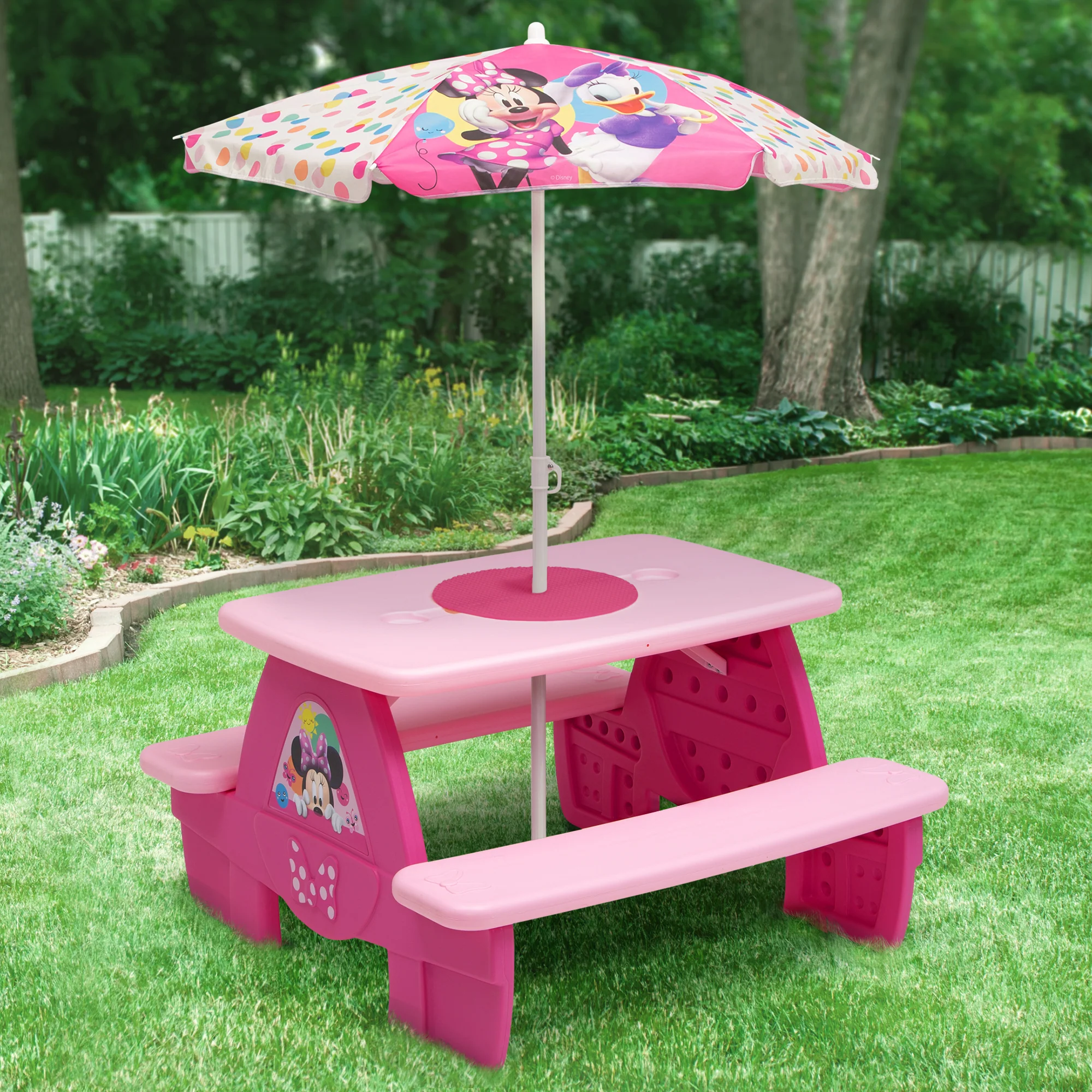 Minnie Mouse 4 Seat Activity Picnic Table with Umbrella and LEGO Compatible Tabletop - Image 6