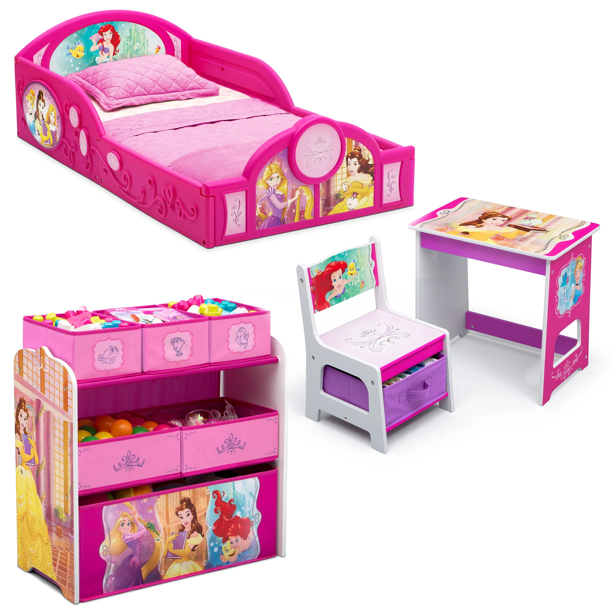 Disney Princess 4-Piece Room-in-a-Box Bedroom Set - Includes Toddler Bed, Toy Bin & Desk with Chair - Image 2