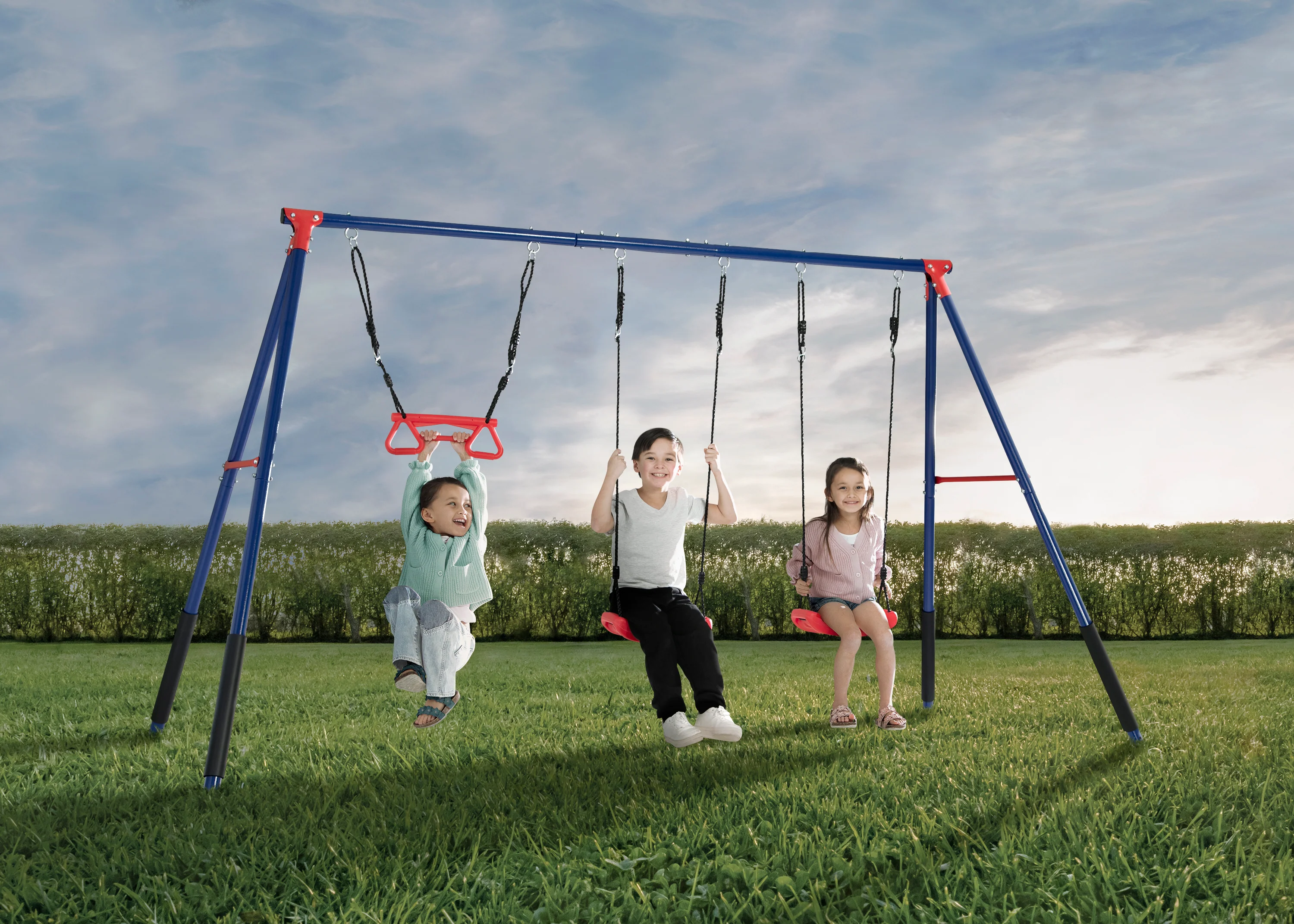 FunZone Outdoor Metal 3-Piece Swing Set - Includes 2 Swings and 1 Trapeze Bar - Image 2