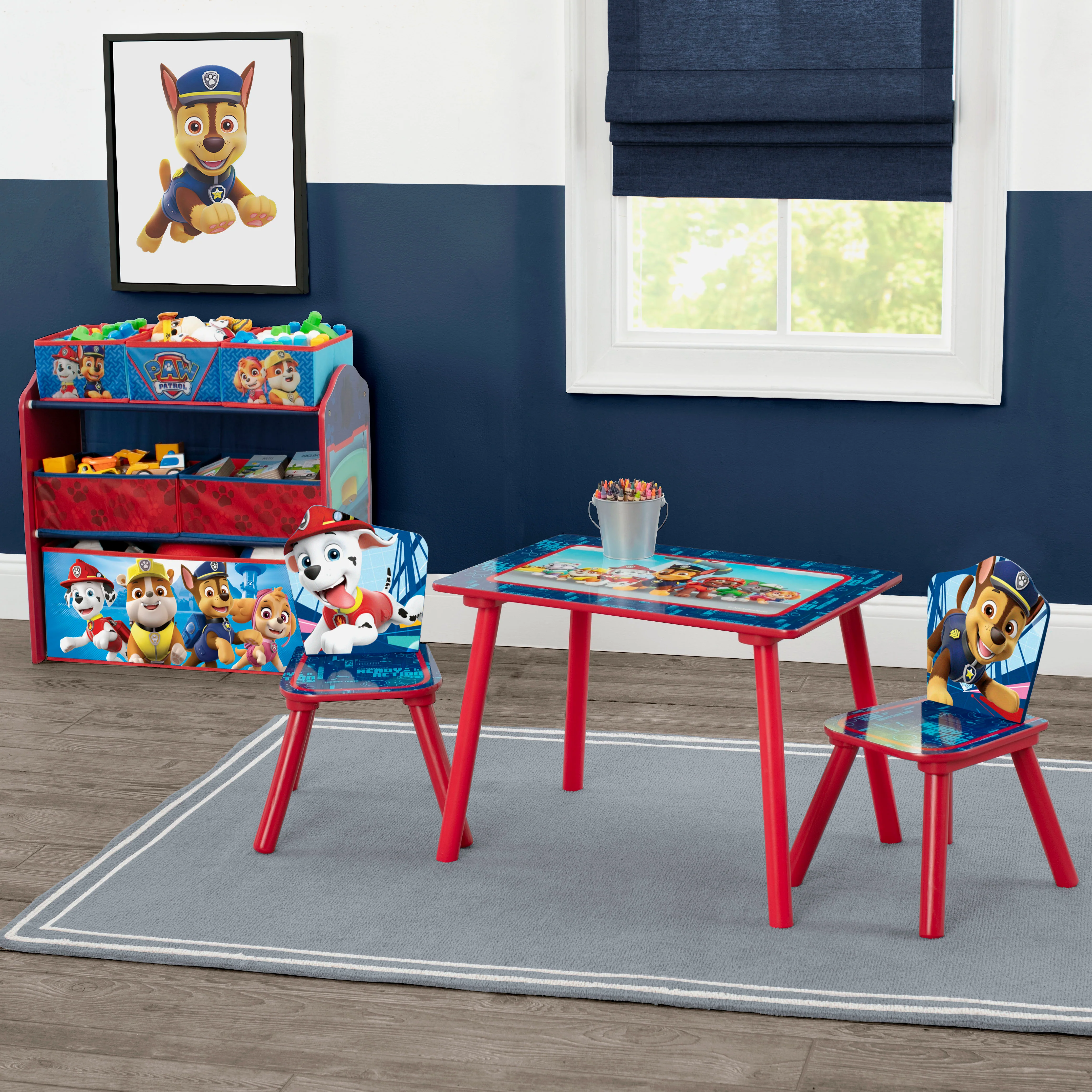 Nick Jr. PAW Patrol 4-Piece Playroom Solution – Set Includes Table and 2 Chairs and 6-Bin Toy Organizer