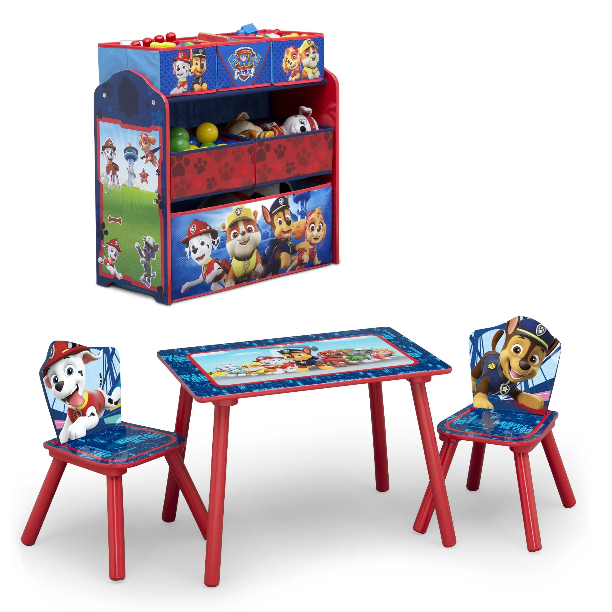 Nick Jr. PAW Patrol 4-Piece Playroom Solution – Set Includes Table and 2 Chairs and 6-Bin Toy Organizer - Image 3