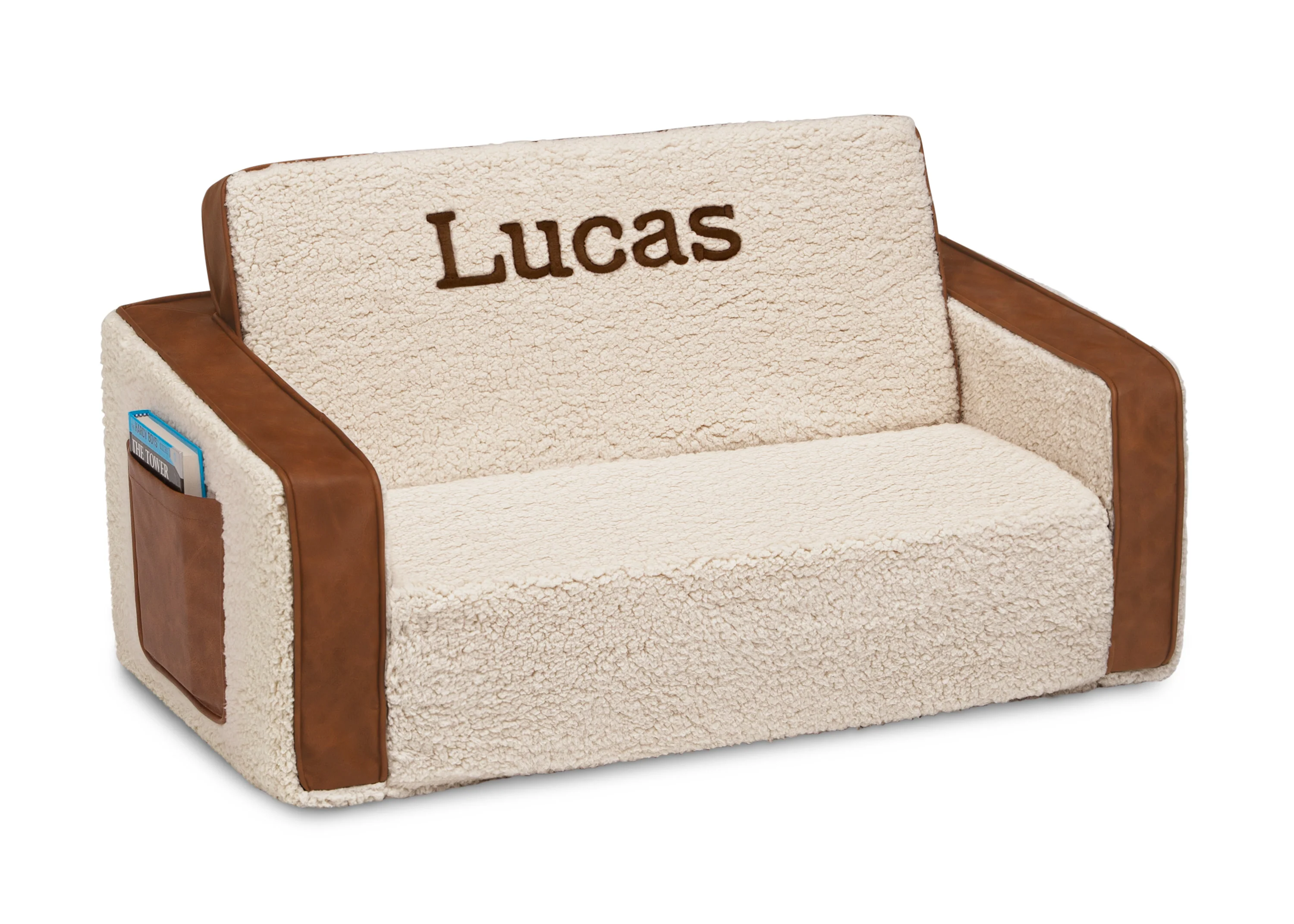 Personalized Cozee Flip-Out Sherpa  and Leather 2-in-1 Convertible Sofa to Lounger for Kids - Image 3
