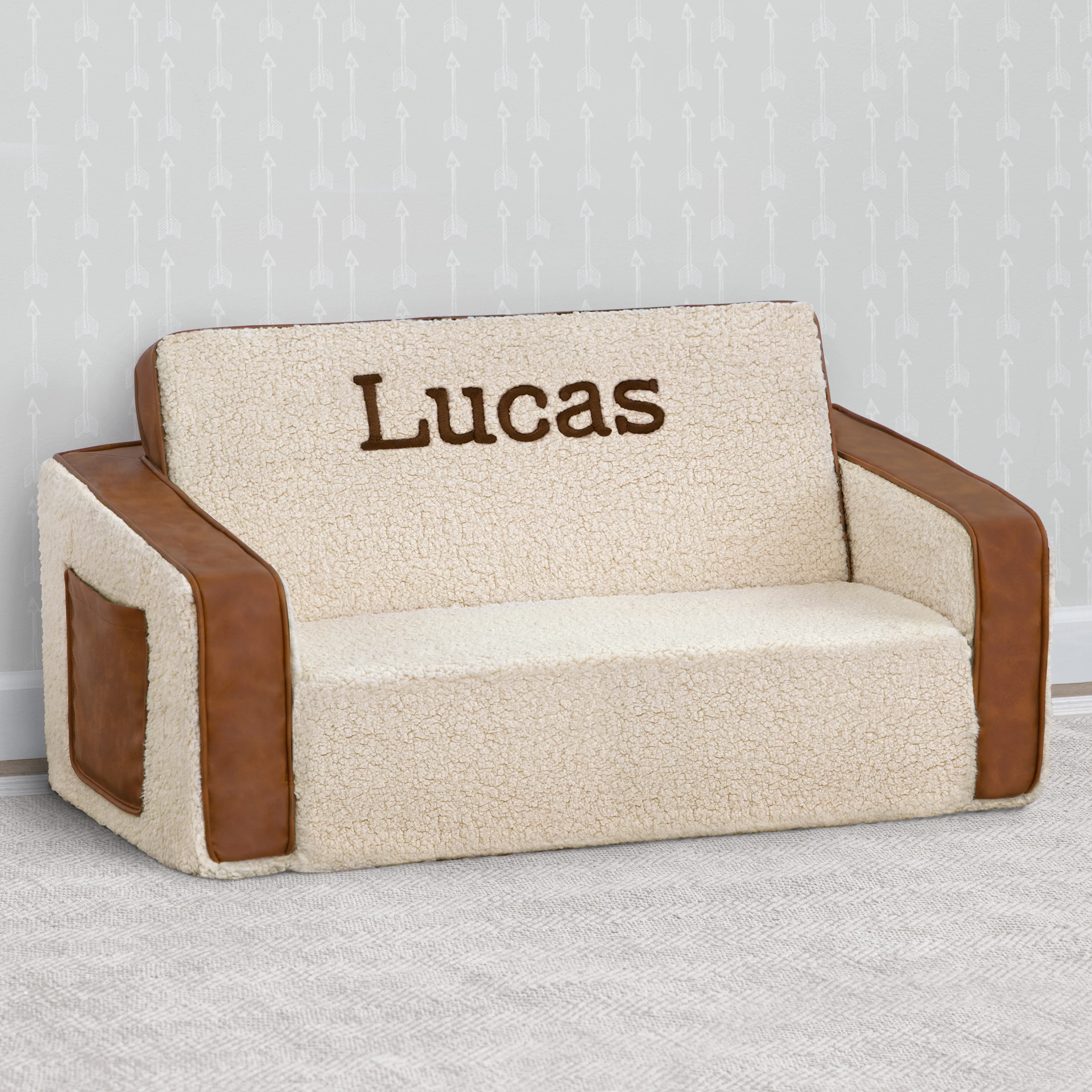 Personalized Cozee Flip-Out Sherpa  and Leather 2-in-1 Convertible Sofa to Lounger for Kids - Image 6