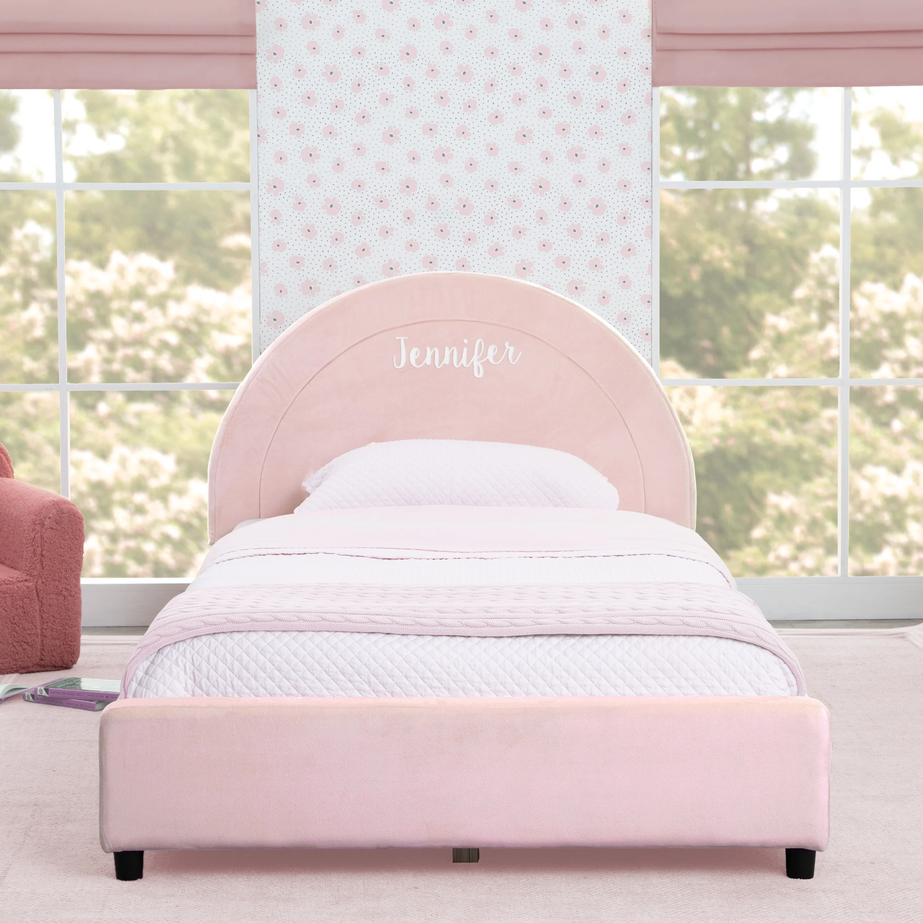 Personalized Upholstered Twin Bed with Round Headboard - Image 7