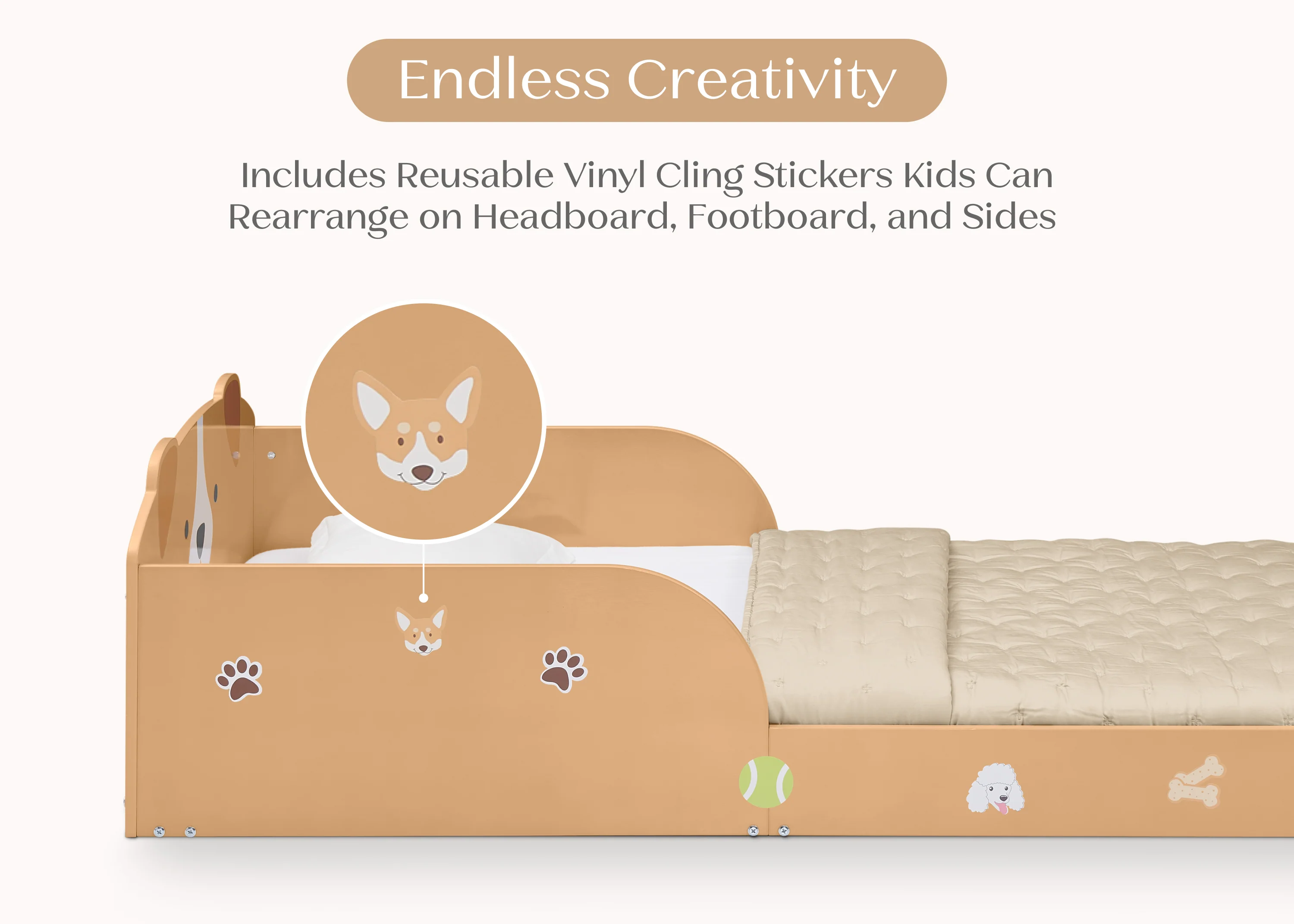 Puppy Wood Floor Toddler Bed with Reusable Stickers - Image 2