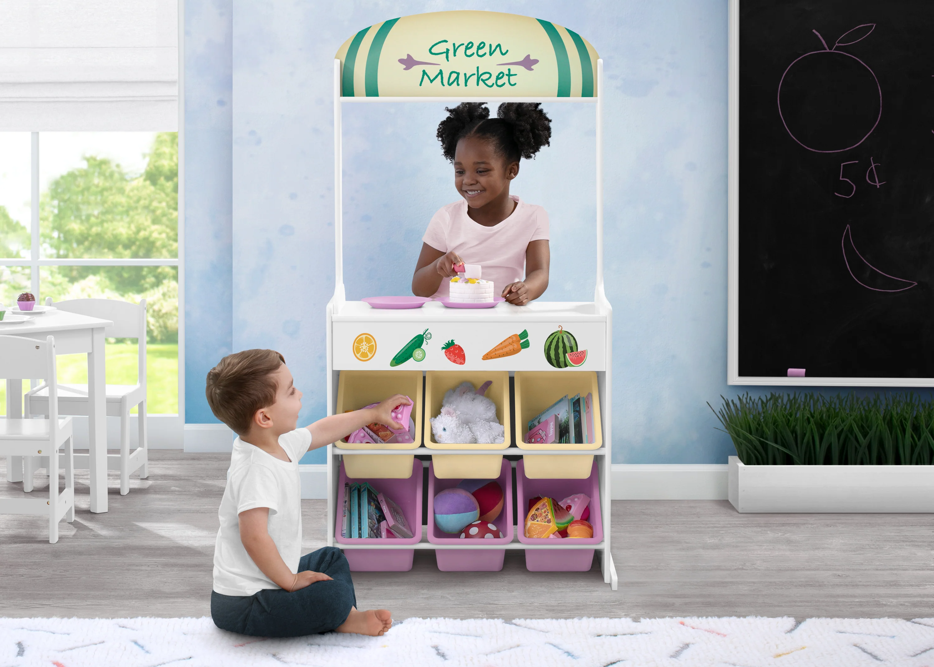 Reversible 4-in-1 Pretend Play Center with Chalkboard & Storage