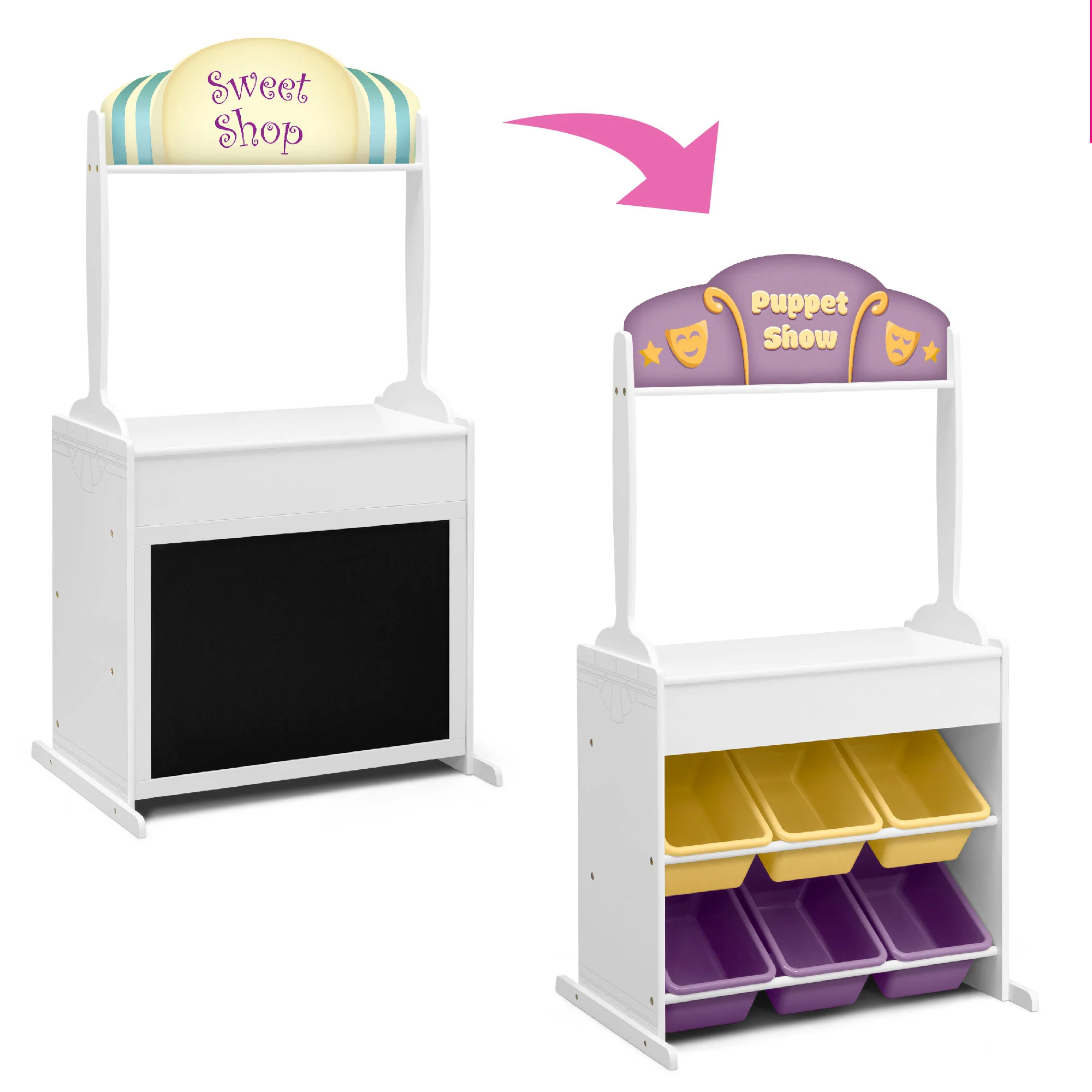Reversible 4-in-1 Pretend Play Center with Chalkboard & Storage - Image 3