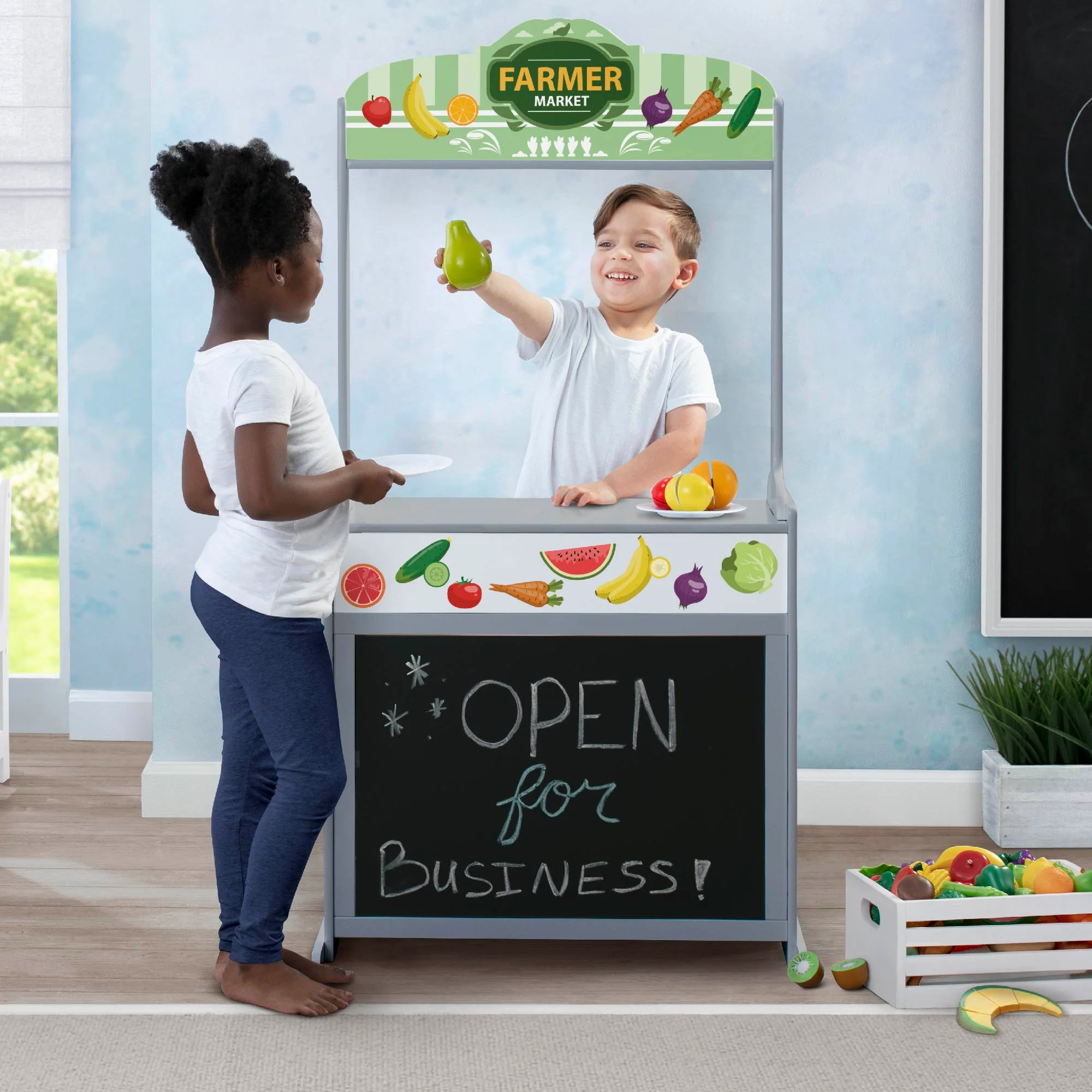 Reversible 4-in-1 Pretend Play Center with Chalkboard & Storage - Image 12