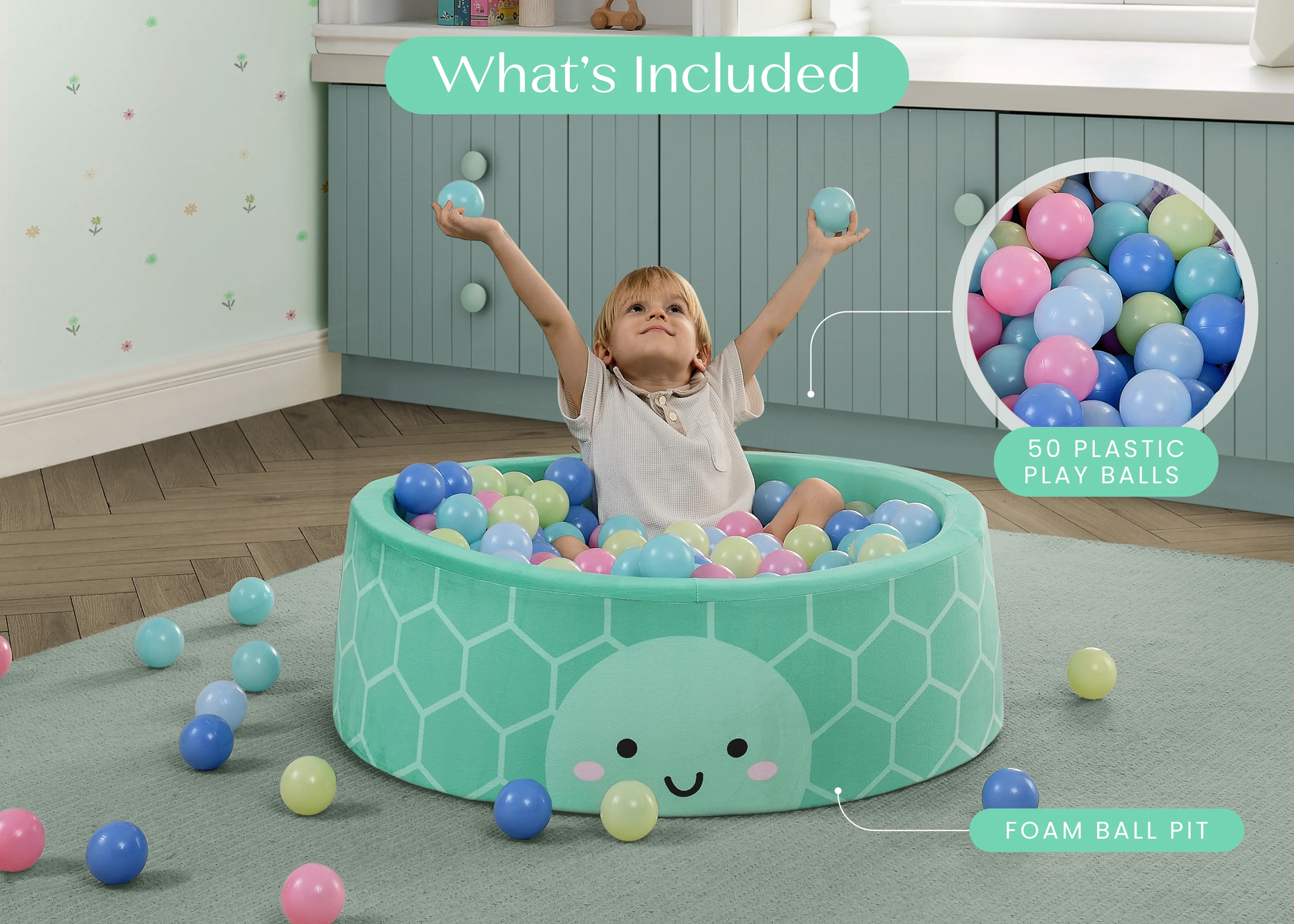 Turtle Soft Ball Pit with 50 Play Balls - Image 2