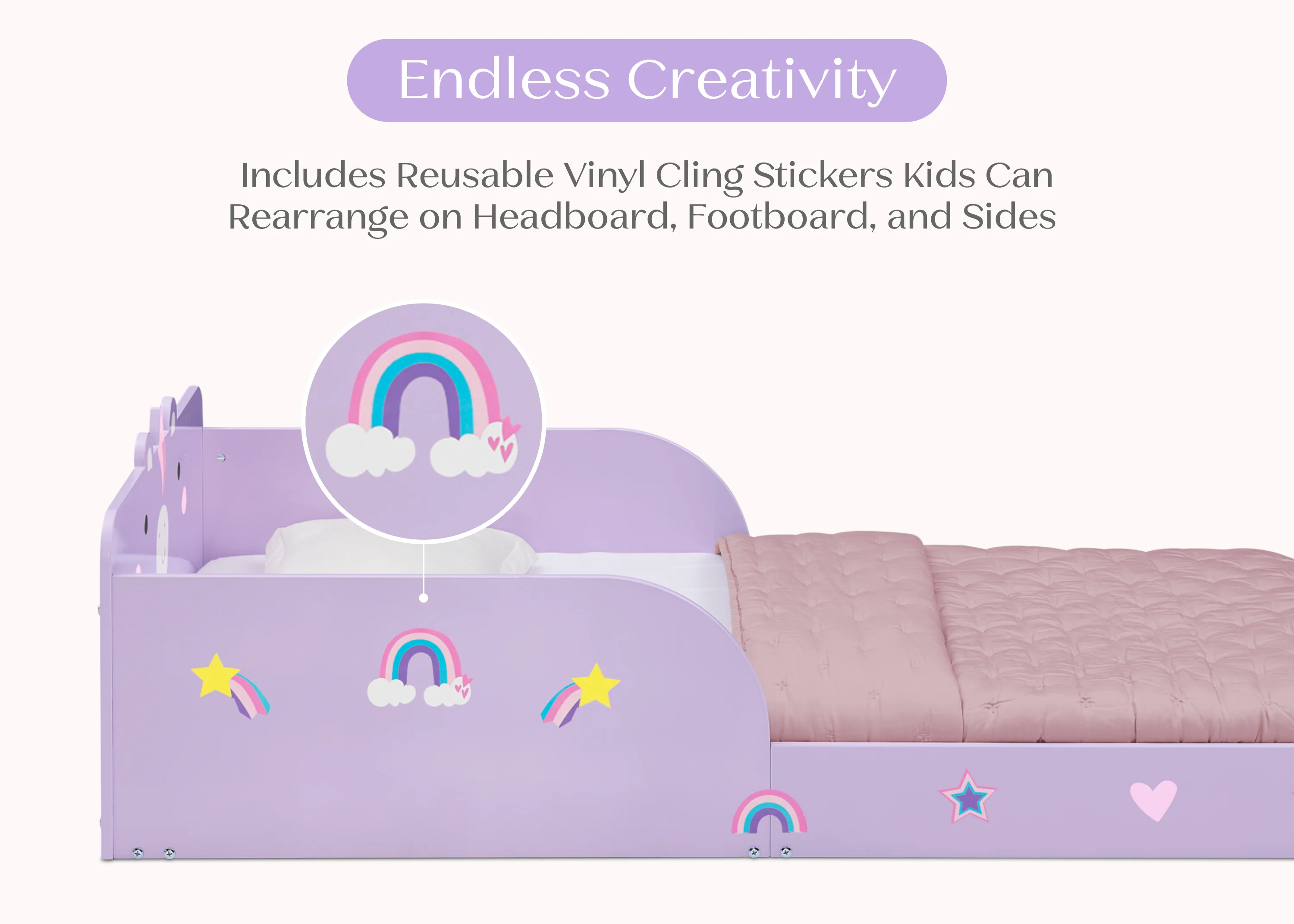 Unicorn Wood Floor Toddler Bed with Reusable Stickers - Image 2